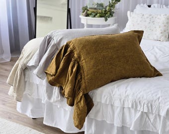 Funda de almohada de lino con volantes: lino orgánico europeo, estilo rústico.
