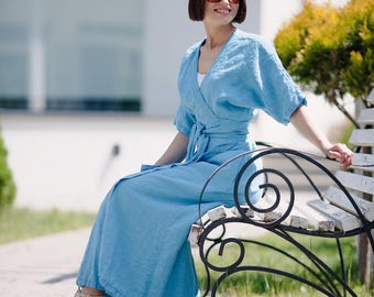 Stonewashed Linen Wrap Dress: Organic Flax Maxi Dress with Belt