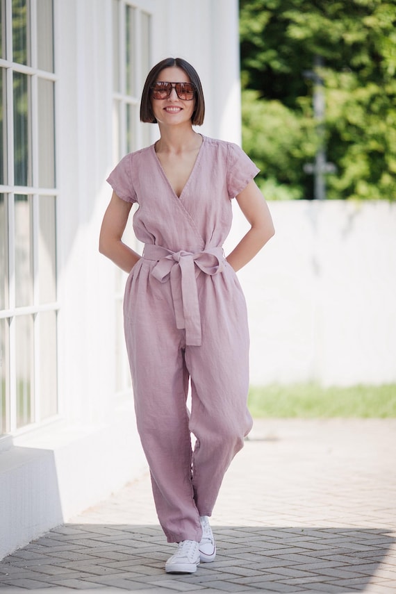 Mono de lino cruzado para mujer, mono de lino con cinturón, ropa