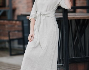 Long Linen Dress: Organic Women's Clothing with Belt