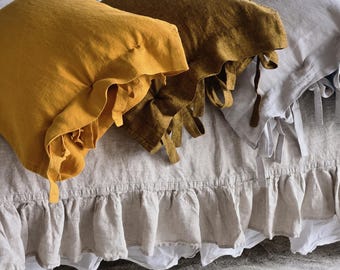 Organic Linen Pillow Cover with Ties: Stonewashed Farmhouse Style Pillowcase