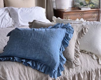 Organic Ruffled Linen Pillow Cover: European Flax Pillowcase. Frilled Pillow Sham
