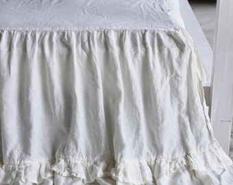 Falda de cama de lino orgánico con volantes: funda de cama rústica de estilo shabby chic