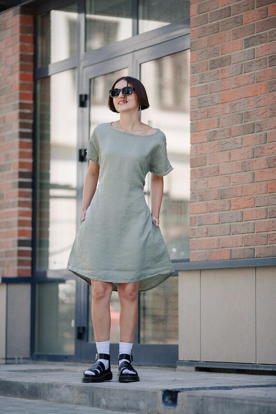 Abito in lino con cintura, tunica estiva in lino, abito da donna