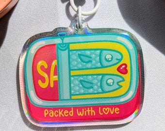 Tinned Fish Sardines Epoxy Keychain | Kawaii Accessory, Holographic Finish