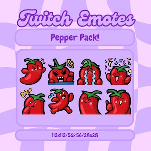 Pack of Eight Cute Cartoon Pepper Twitch Emote, Discord Emotes, Kawaii, Streamer, Hot Pepper Emote, Gaming