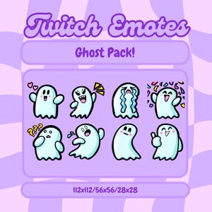 Pack of Eight Cute Cartoon Ghost Twitch Emotes, Discord Emotes, Kawaii, Streamer, Ghost Emote, Spooky Emote, Gaming