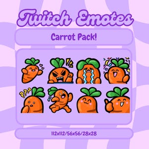 Pack of Eight Cute Cartoon Carrot Twitch Emote, Discord Emotes, Kawaii, Streamer, Carrot Emote, Veggie Emote, Gaming