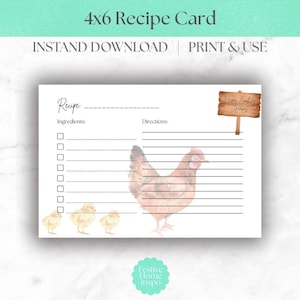 Carte de recette de poulet 10 x 15 cm, Cartes de recette de la ferme, Carte de recette imprimable, Carte de recette à téléchargement numérique, Organisation de la cuisine