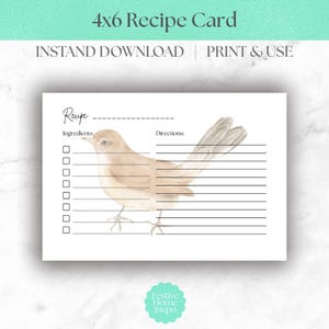 Printable Bird Recipe Card 4x6: Watercolor Design (Digital Download)