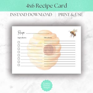 Printable Bee Hive Recipe Card 4x6, Digital Download Farmhouse Recipe Cards, Kitchen Organization Template, Honey Bee Recipe