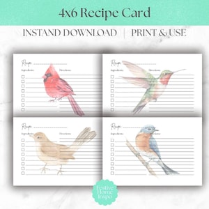 Watercolor Bird Recipe Cards 4x6 Bundle (Digital Download)