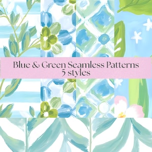 Blue & Green Grandmillennial Digital Paper: Seamless Patterns (PNG)