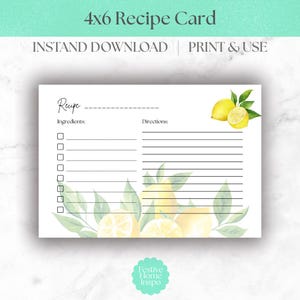 Tarjeta de receta de limón: Diseño cítrico en acuarela (Descarga digital 4x6)