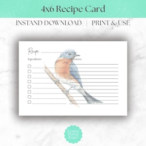 Blue Bird Recipe Card: 4x6 Watercolor Template (Digital Download)