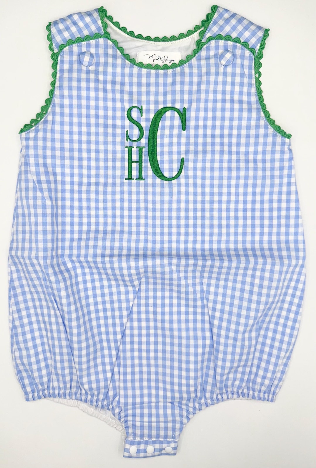 Kelly Green Ric Rac Customizable Monogram Blue and White Gingham Bubble With Kelly Green ...