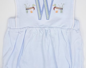 Embroidered Mallard Ducks and Initial Light Blue Boy’s Sunsuit, Baby Boy Toddler | Duck Bubble, Boy Outfit, Summer, Monogram Options