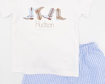 Personalized Embroidered Cowboy Boots T-Shirt: Customizable Boys' Country Style