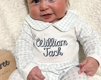 Customized Blue Gingham Newborn Footie, Baby Boy Girl | Hospital Outfit, Newborn, Embroidery, Coming Home Outfit, Stripes, Peter Pan Collar