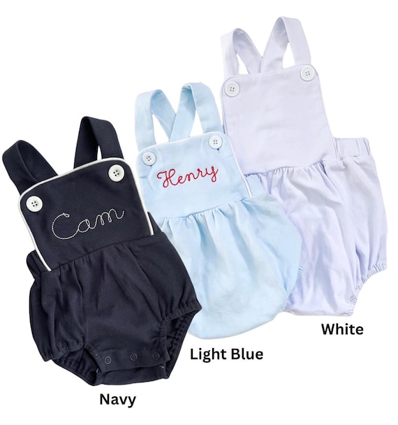 Embroidered Monogrammed Light Blue Sunsuit: Baby Boy Bubble Outfit