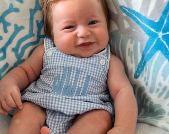 Customizable Monogram Blue Gingham Bubble, Baby Boy Girl Toddler | Seersucker, Green, Romper, NB 3m 6m 9m 12m 18m 2t 3t, Stripes, Sunsuit