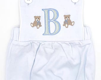 Embroidered Teddy Bears and Initial Light Blue Boy’s Sunsuit, Baby Boy Toddler | Bubble, Boy Outfit, Summer, Romper, Custom
