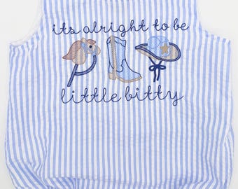 Cowboy Baby Boy Bubble Romper | Blue Seersucker Western Outfit | “Little Bitty” Rodeo First Birthday Outfit