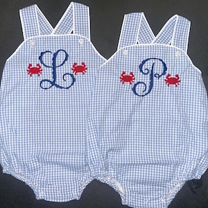 Customizable Monogram Gingham Bubble Romper: Baby Sunsuit with Crabs
