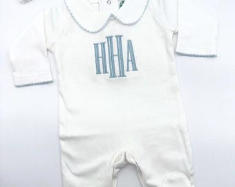 Personalized Newborn Footie: White with Picot Trim, Embroidered Coming Home Outfit