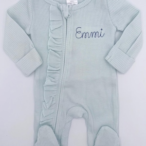 Personalized Waffle Knit Baby Footie: Ruffle Zip-Up Pajamas