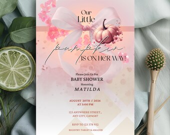 Pink Pumpkin Baby Shower Invitation Template: Floral Bow, Editable Template (digital Download) Fall