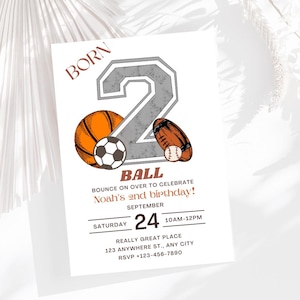 Zweiter Geburtstagseinladung Junge - Born Two Ball Sports Geburtstag, bearbeitbare All Star Sporteinladungsvorlage für Basketball