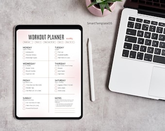 May include: A digital workout planner displayed on a tablet. The planner features a weekly schedule with exercise categories for each day, including Monday, Tuesday, and Wednesday. A white stylus and a laptop are also visible.