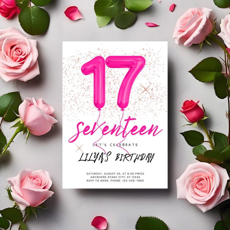 17th Birthday Invitation Girl Pink | Editable Canva Digital Invite ...