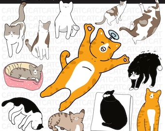 Clipart de gato lindo / Pegatinas de gato kawaii, uso comercial (descarga digital)