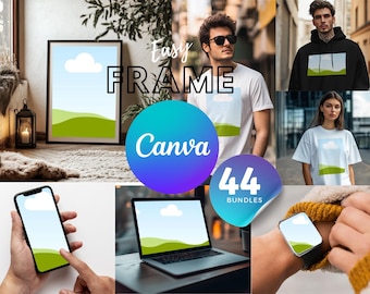 May include: A promotional image displaying a landscape design across various products: a framed print, t-shirts, a hoodie, a smartphone, a laptop, and a smartwatch. The image includes the text "Easy Frame Canva" and a sticker that says "44 Bundles".