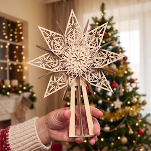 Puntale per albero di Natale in legno 3D a forma di stella celeste, decorazione per tavolo, finestra e lampada a stella con luce LED opzionale