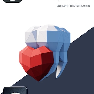 May include: A papercraft model of a tooth holding a red heart. The model is made of white, blue, and red paper. The model is 187 mm long, 159 mm wide, and 220 mm high. The model is suitable for beginners and intermediate level crafters.