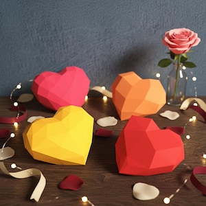 3D Paper Heart Bundle Papercraft | DIY Low Poly Sculpture SVG PDF | Valentine Wedding Table Decor | 4 Designs Geometric Heart (Digital)