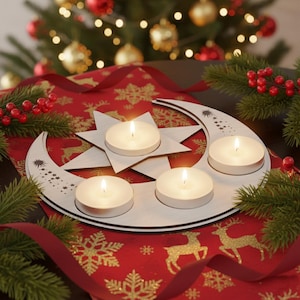 May include: A wooden candle holder shaped like a crescent moon and star, with four lit tea light candles. The holder sits on a red and gold patterned surface, with festive decorations in the background.
