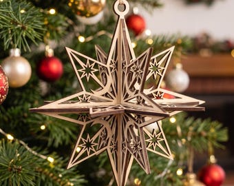3DクリスマススターSVGバンドル、24ポイントレーザーカットファイル、クリスマスツリー吊り下げオーナメント、3D木製スターベクターテンプレートDXF EPS pdf