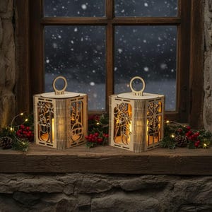 May include: Two wooden lanterns with intricate cut-out designs, each featuring a handle and a warm, glowing light inside. The lanterns are set on a wooden ledge with festive decorations, including red berries and pinecones, against a snowy window backdrop.