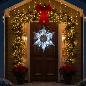 May include: A decorated front door with a large star-shaped light fixture, a red bow, and garland with lights. Potted poinsettias flank the door. The scene is lit with warm white lights, creating a festive holiday display.