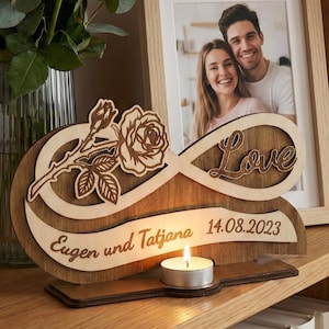 signe d'amour rose infini | Cadeau de mariage personnalisé | Lumière du 5e anniversaire | Noms de couple personnalisés et date | Photophore pour bougie chauffe-plat | SVG DXF