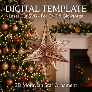 Peut inclure: Une décoration en forme d'étoile morave 3D en bois clair avec des motifs découpés au laser incluant des croissants de lune et des étoiles. Le texte DIGITAL TEMPLATE Laser Cut SVG For CNC & Glowforge et 3D Moravian Star Ornament est visible.