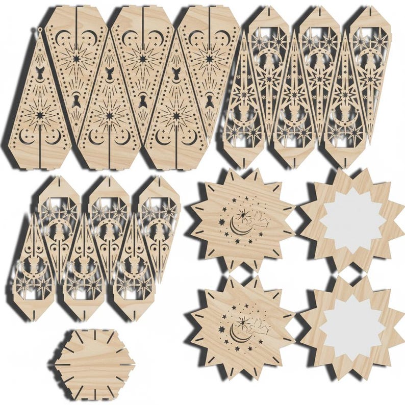 May include: Laser-cut wooden craft pieces for a decorative lantern. The pieces include coffin-shaped panels with celestial designs, star-shaped bases, and a hexagonal base. The wood has a natural, light brown color, and the designs are cut out.