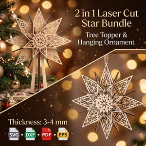 Könnte beinhalten: Ein 2-in-1-Set aus lasergeschnittenen Sternen, bestehend aus einem Baumwipfel-Aufsatz und einem hängenden Ornament. Die Holzsterne haben filigrane Muster und eine Stärke von 3-4 mm. Enthält die Dateiformate SVG, DXF, PDF und EPS.
