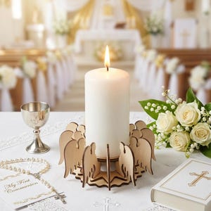 Portavelas de ángel SVG / Portavelas de pilar conmemorativo / Centro de mesa para bautizo / Decoración para primera comunión / Archivo cortado con láser / Regalo religioso