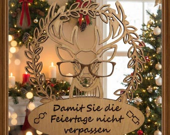 Laser Cut File: Funny Deer with Glasses, Wreath Sign Template (SVG, DXF, PDF)