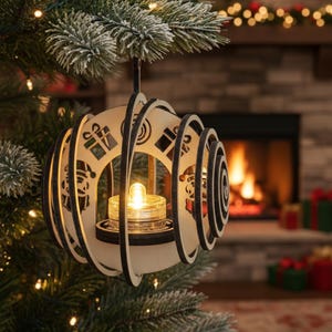 Op de afbeelding: Houten kerstornament met een kaarsje erin, hangend aan een boom. Het ornament heeft een bolvormig ontwerp met uitgesneden vormen van cadeaus en kerstmannen. Gemaakt van lichtkleurig hout met zwarte accenten.